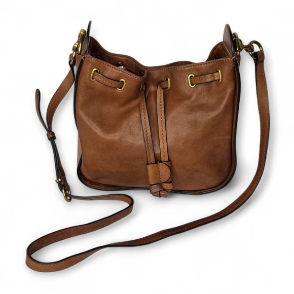 Frye Hobo Saddle Bucket Bag Genuine Italian Leather Cognac Brown Crossbody - Picture 1 of 15